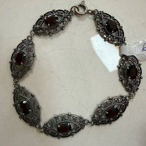 Sterling-Style Garnet Red Link Bracelet - Elegant Vintage-Inspired Design